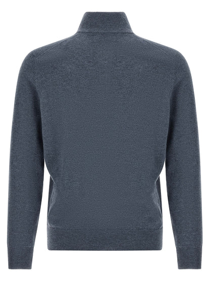 Cardigan by Brunello Cucinelli for men in cashmere blue features an crisp silhouette, showcasing a sophisticated high-neck neckline and detail for a truly crisp finish.