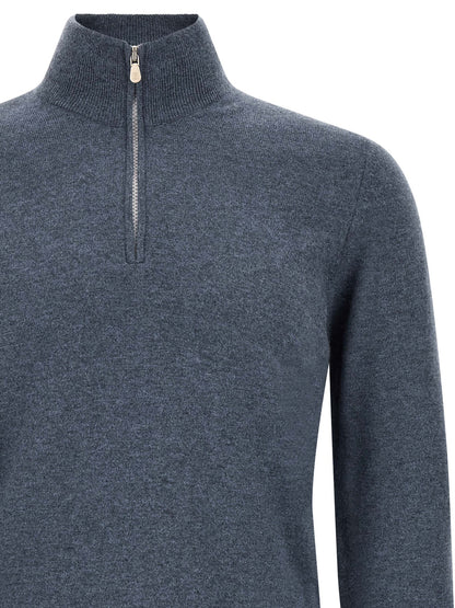 Cardigan by Brunello Cucinelli for men in cashmere blue features a dramatic silhouette, showcasing a sophisticated high-neck neckline and dramatic detail for a timeless, premium look.