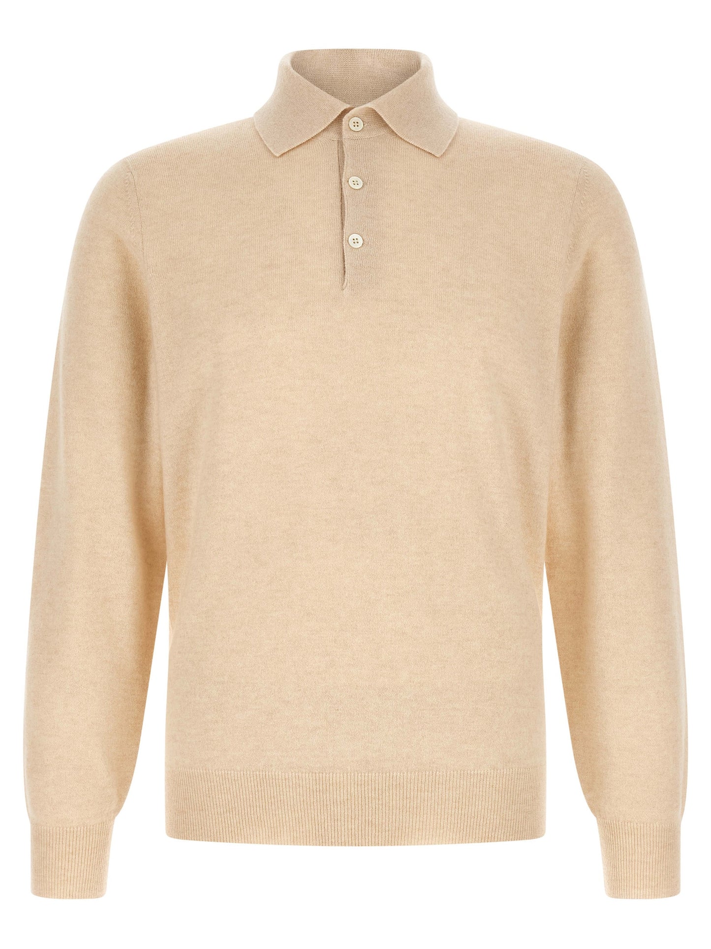 Polo Shirt by Brunello Cucinelli for men in cashmere beige, natural & sand presents a sleek silhouette, featuring a refined shirt-collar neckline and long-sleeve for a sleek finish.