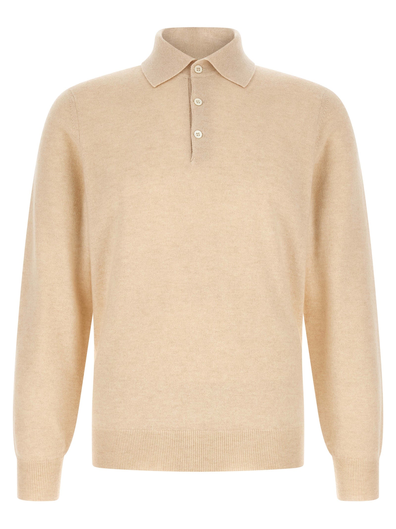 Polo Shirt by Brunello Cucinelli for men in cashmere beige, natural & sand presents a sleek silhouette, featuring a refined shirt-collar neckline and long-sleeve for a sleek finish.
