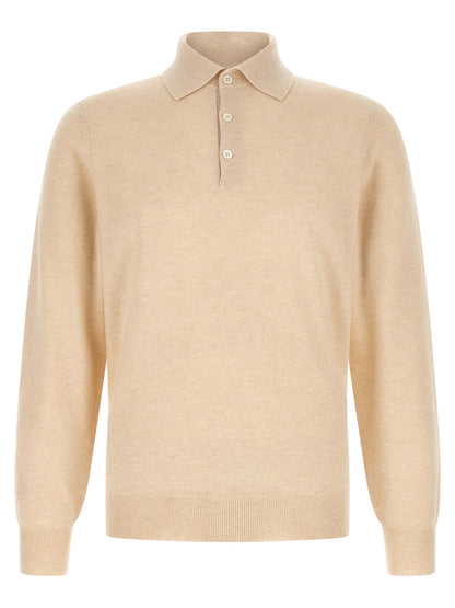 Polo Shirt by Brunello Cucinelli for men in cashmere beige, natural & sand presents a sleek silhouette, featuring a refined shirt-collar neckline and long-sleeve for a sleek finish.
