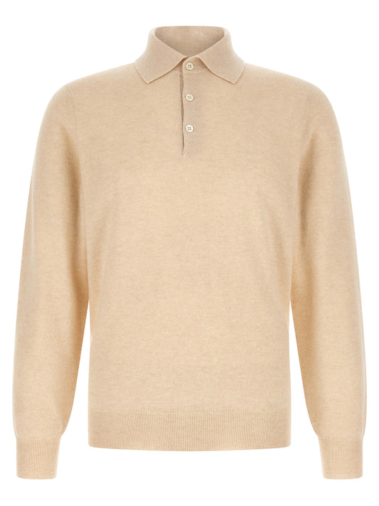 Polo Shirt by Brunello Cucinelli for men in cashmere beige, natural & sand presents a sleek silhouette, featuring a refined shirt-collar neckline and long-sleeve for a sleek finish.