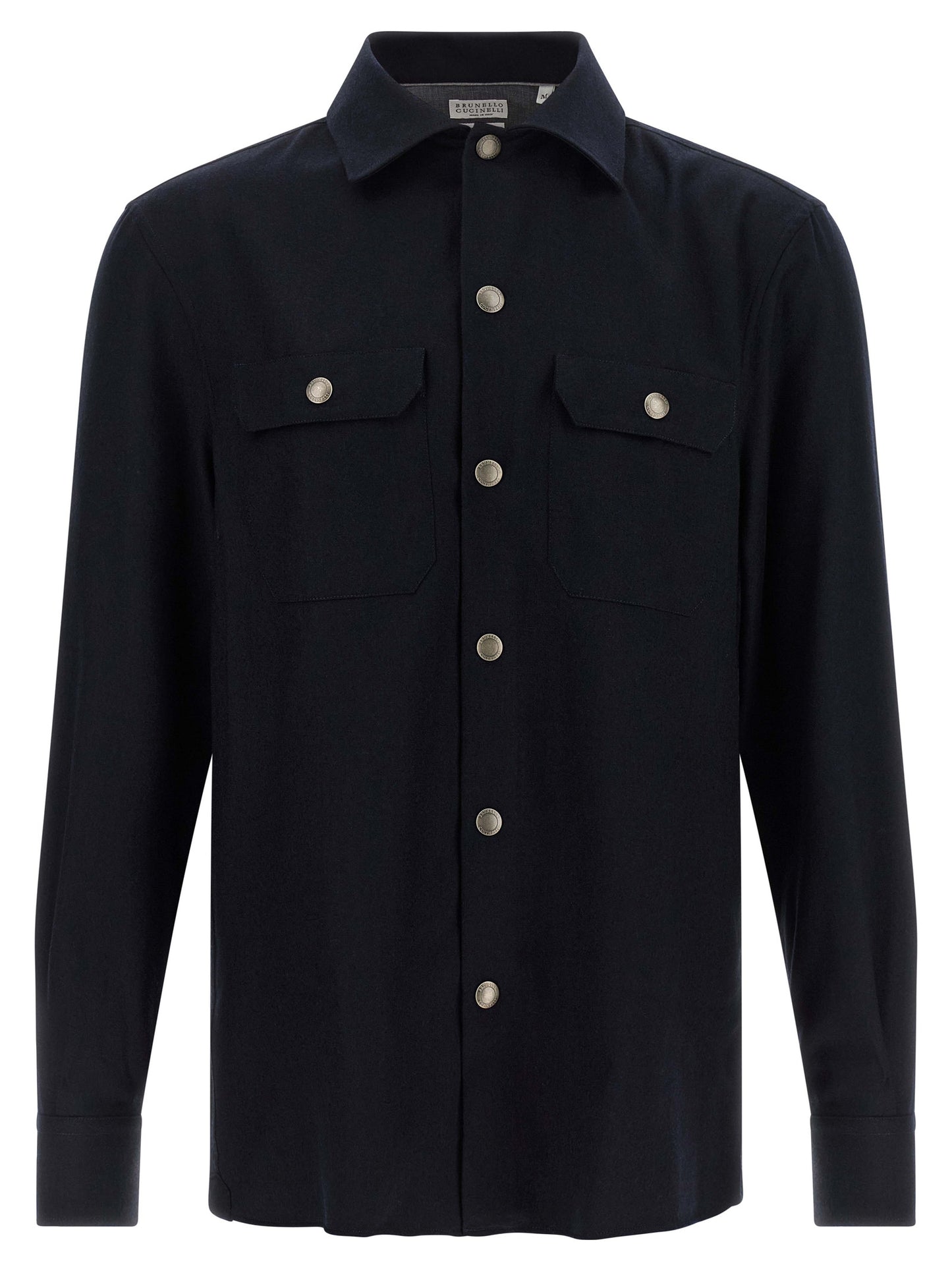 Overshirt by Brunello Cucinelli for men in virgin wool & flannel blue presents a discerning silhouette, showcasing a sophisticated and long-sleeve for a truly discerning finish.