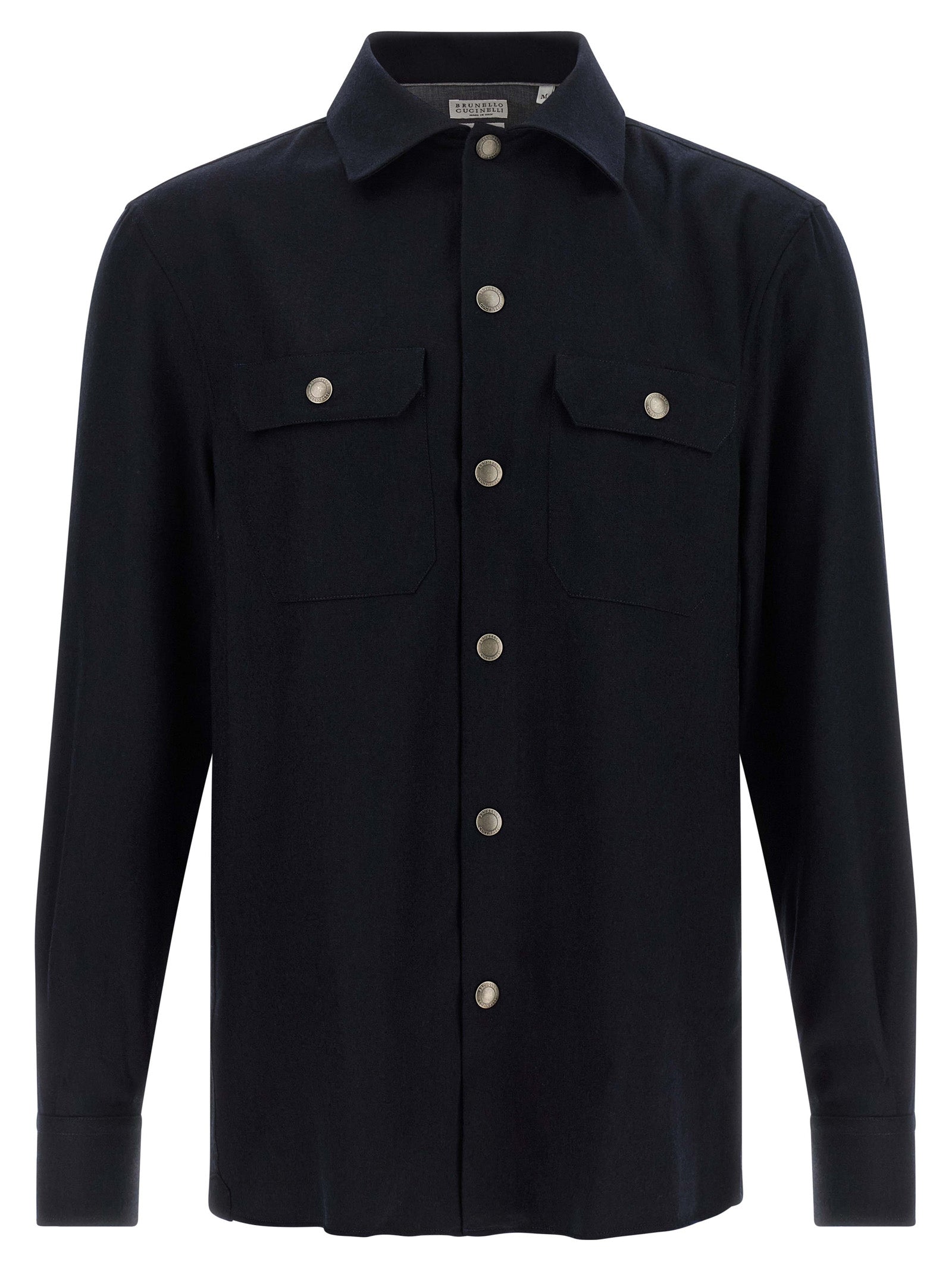 Overshirt by Brunello Cucinelli for men in virgin wool & flannel blue presents a discerning silhouette, showcasing a sophisticated and long-sleeve for a truly discerning finish.