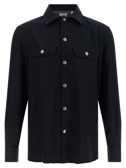 Overshirt by Brunello Cucinelli for men in virgin wool & flannel blue presents a discerning silhouette, showcasing a sophisticated and long-sleeve for a truly discerning finish.