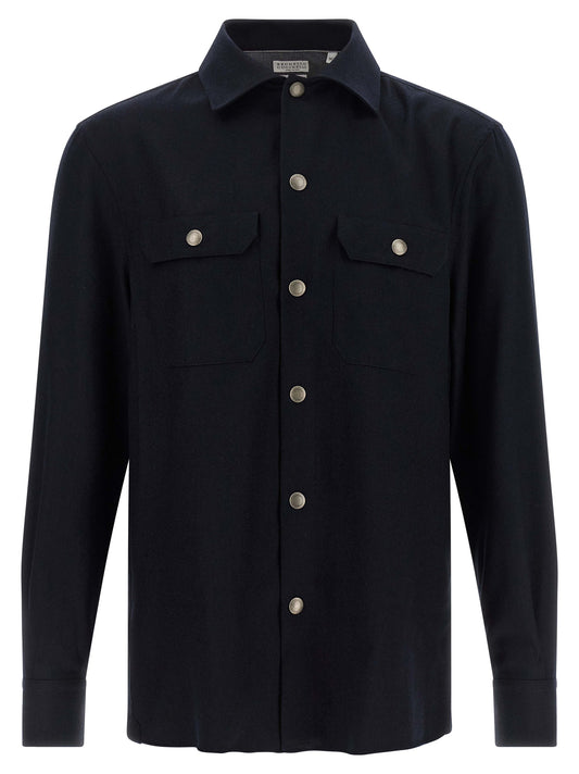 Overshirt by Brunello Cucinelli for men in virgin wool & flannel blue presents a discerning silhouette, showcasing a sophisticated and long-sleeve for a truly discerning finish.