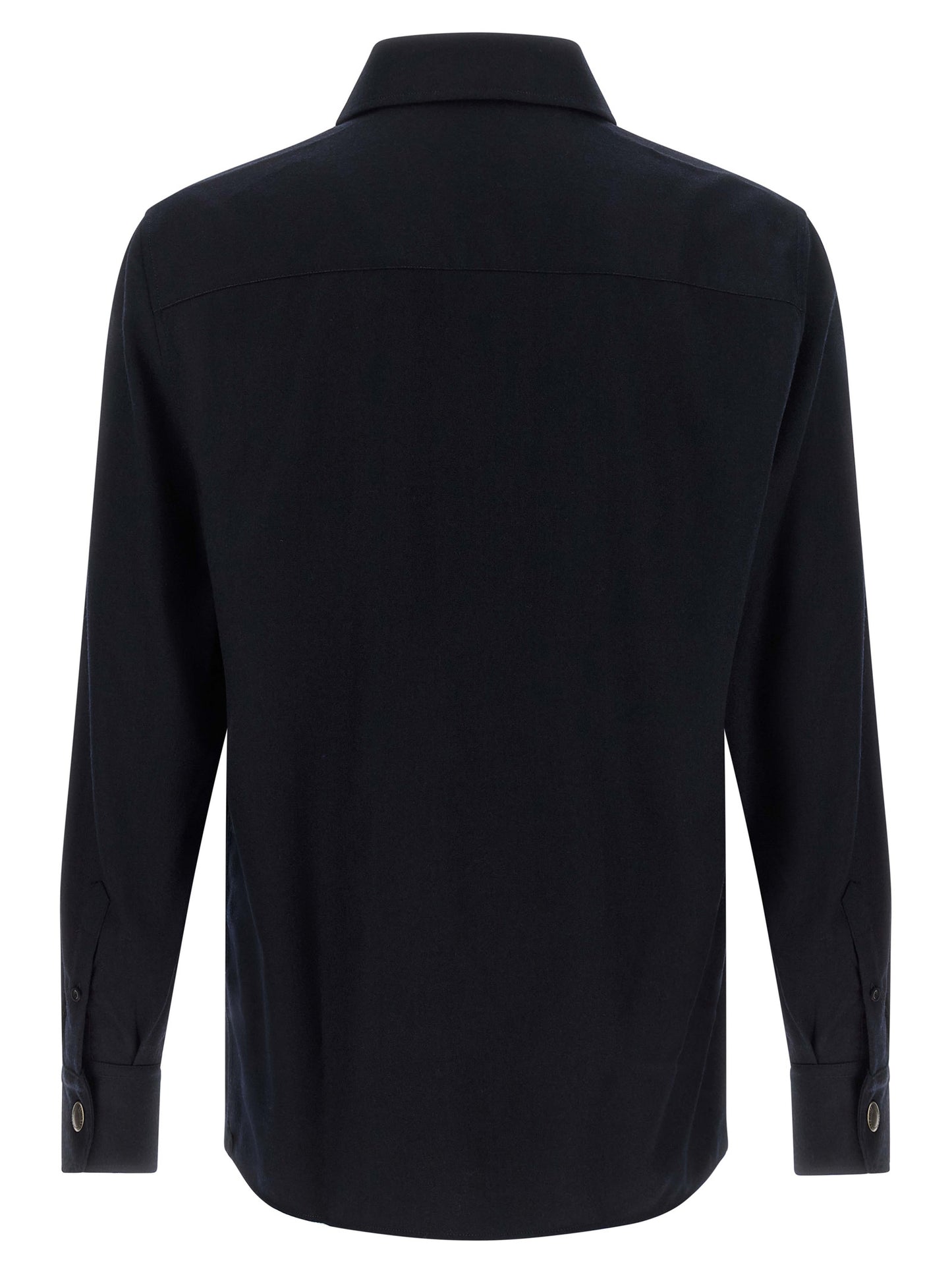 Overshirt by Brunello Cucinelli for men in virgin wool & flannel blue showcases a sharp silhouette, elegantly detailed with a sharp and sharp .