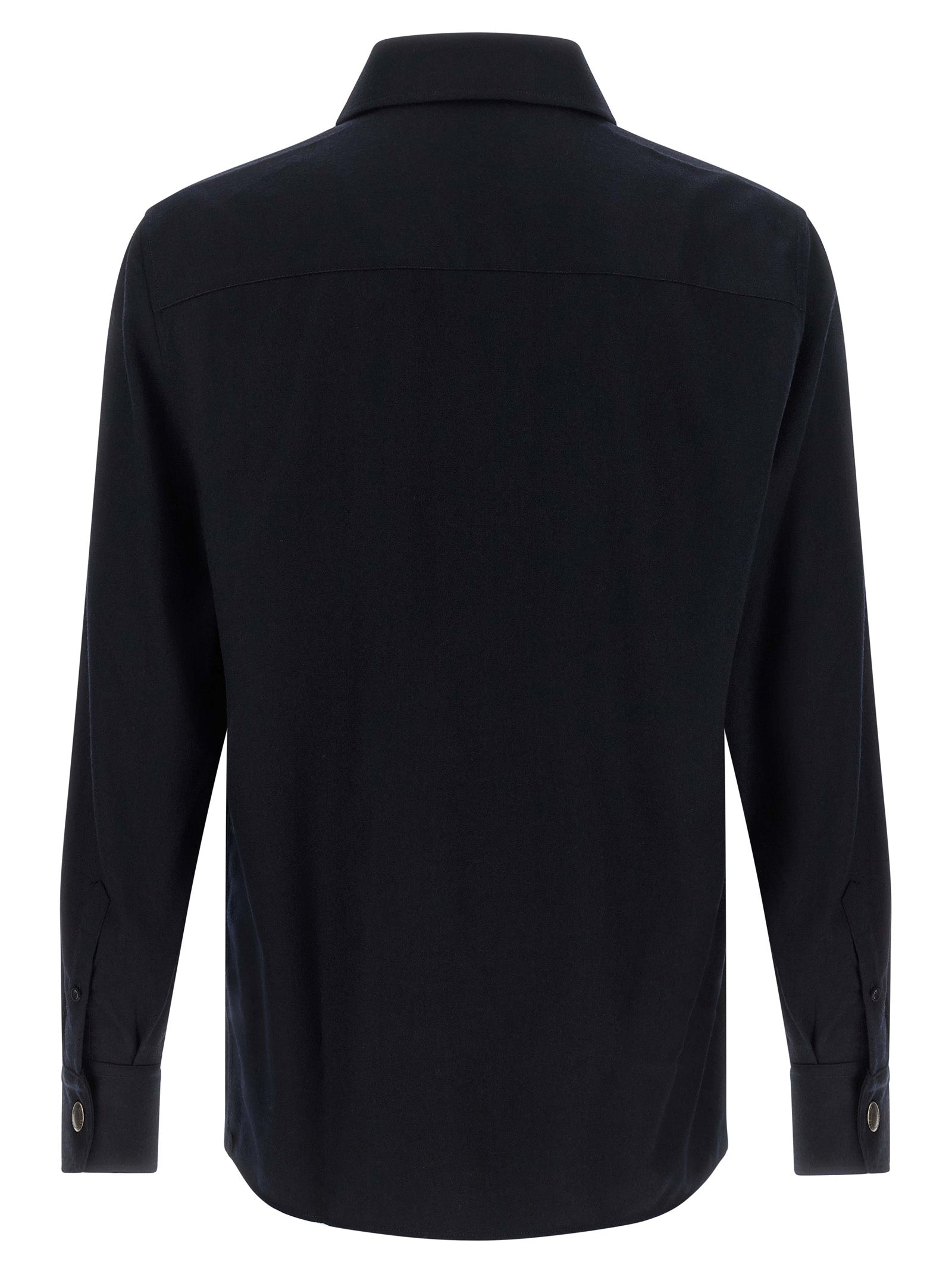 Overshirt by Brunello Cucinelli for men in virgin wool & flannel blue showcases a sharp silhouette, elegantly detailed with a sharp and sharp .