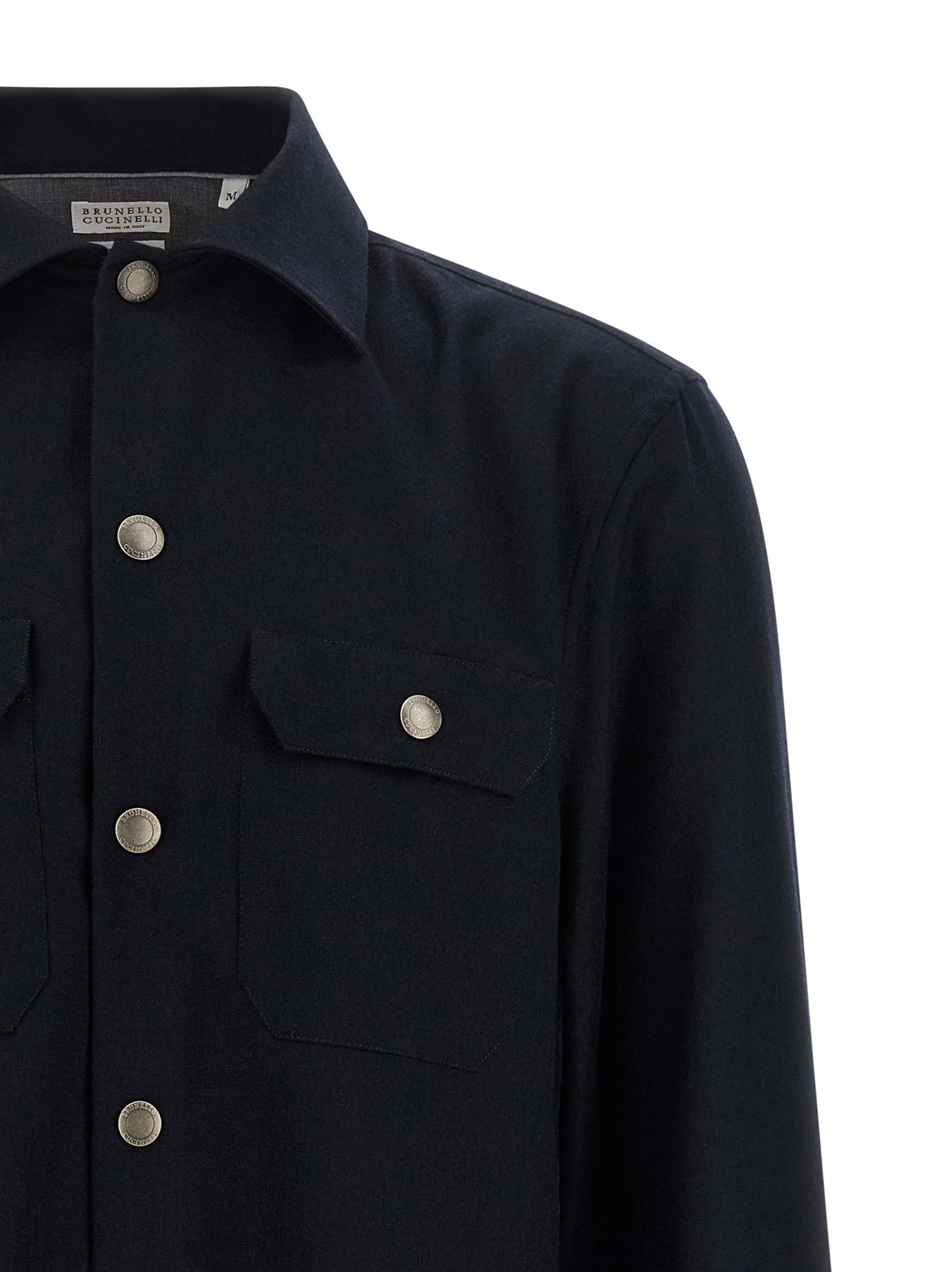 Overshirt by Brunello Cucinelli for men in virgin wool & flannel blue showcases a sublime silhouette, artfully detailed with a sublime and for a sophisticated, sublime finish.