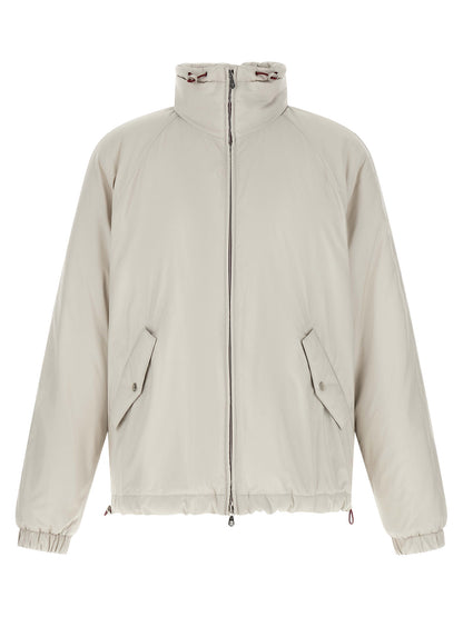 Hooded Windbreaker Jacket by Brunello Cucinelli for men in polyester & nylon white features an perennial silhouette with a refined hooded neckline and perennial lightweight, pockets, hooded & windproof for a sophisticated weather-resistant look.