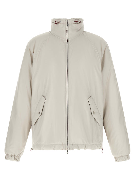 Hooded Windbreaker Jacket by Brunello Cucinelli for men in polyester & nylon white features an perennial silhouette with a refined hooded neckline and perennial lightweight, pockets, hooded & windproof for a sophisticated weather-resistant look.