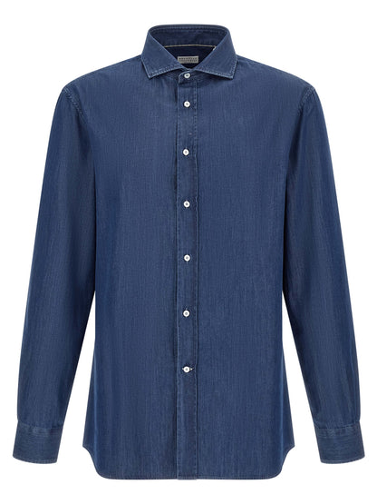 Shirt by Brunello Cucinelli for men in denim cotton blue, indigo & pearl, featuring a nuanced and nuanced for a sophisticated finish.
