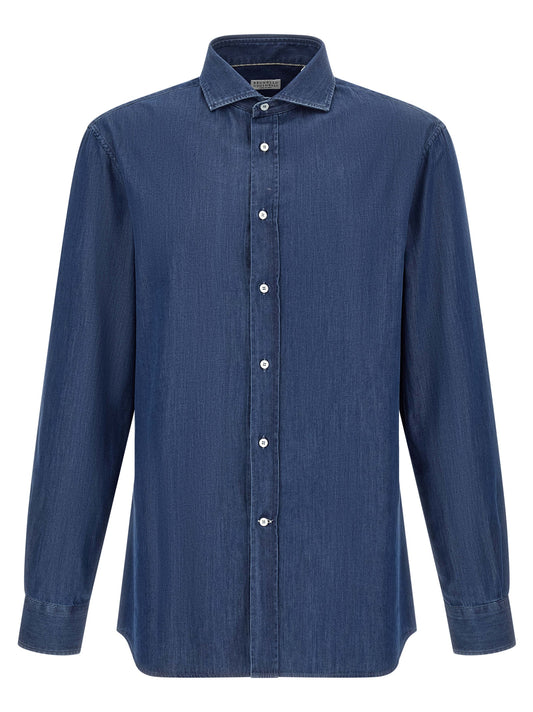 Shirt by Brunello Cucinelli for men in denim cotton blue, indigo & pearl, featuring a nuanced and nuanced for a sophisticated finish.