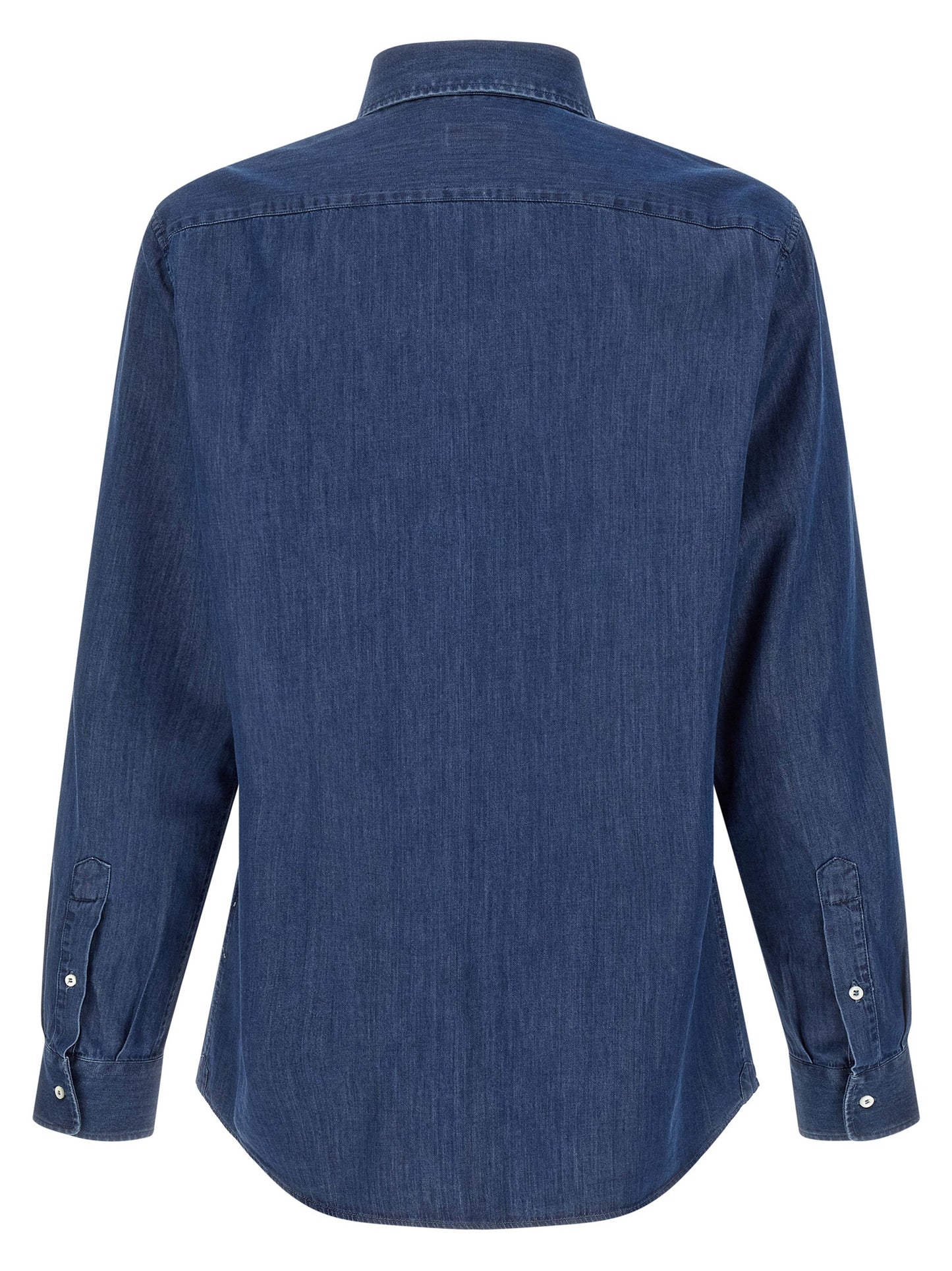 Shirt by Brunello Cucinelli for men in denim cotton blue, indigo & pearl showcases a sharp silhouette, elegantly detailed with a sharp and sharp .