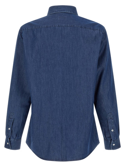 Shirt by Brunello Cucinelli for men in denim cotton blue, indigo & pearl showcases a sharp silhouette, elegantly detailed with a sharp and sharp .