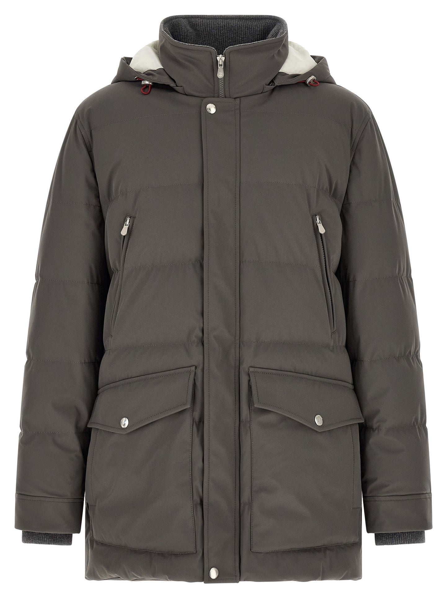 Hooded Parka by Brunello Cucinelli for men in polyamide gray features an avant garde silhouette, showcasing refined pockets, hooded & insulated and a sophisticated hooded neckline for a polished look.