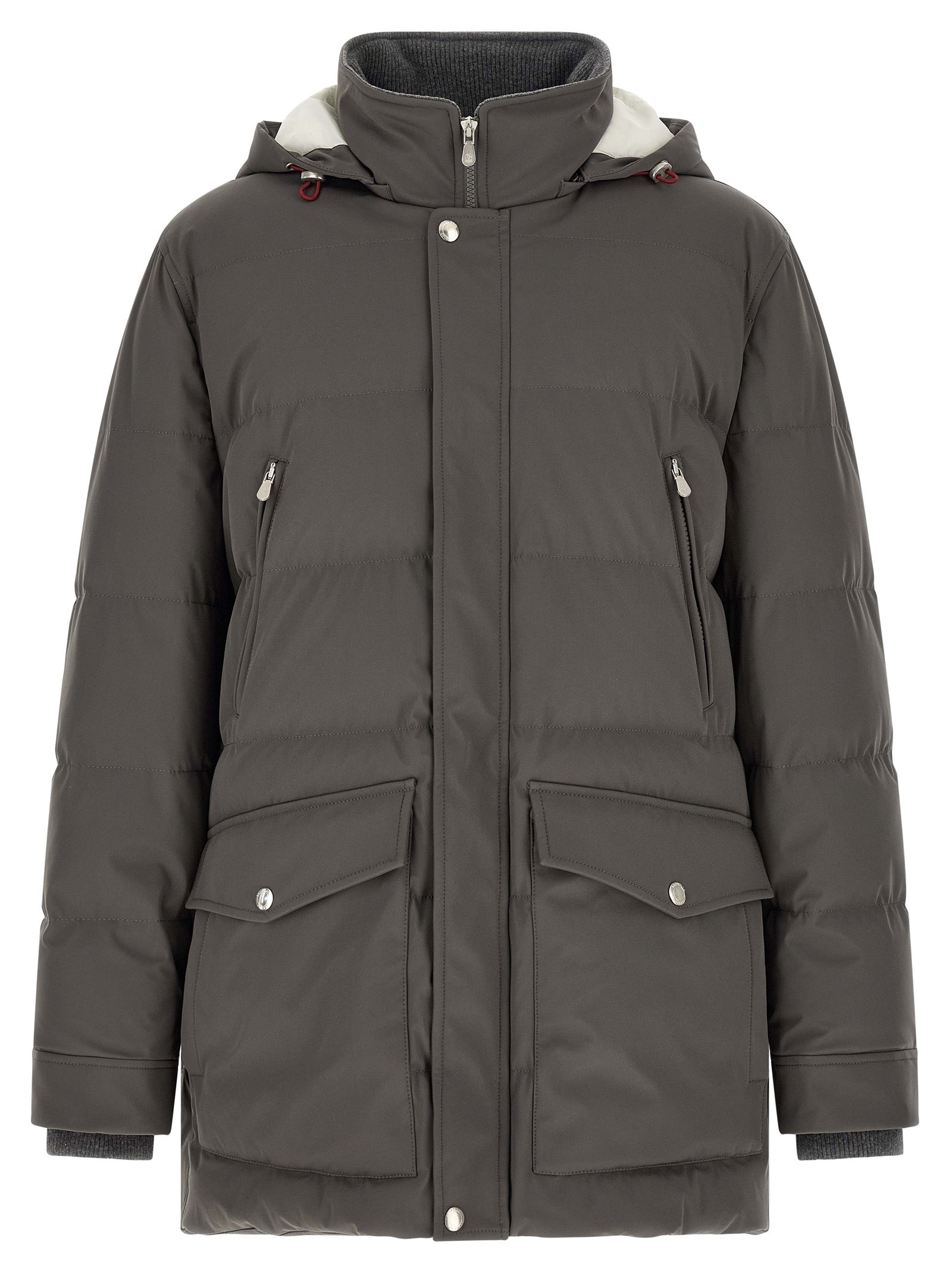 Hooded Parka by Brunello Cucinelli for men in polyamide gray features an avant garde silhouette, showcasing refined pockets, hooded & insulated and a sophisticated hooded neckline for a polished look.