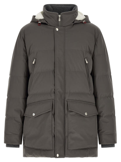 Hooded Parka by Brunello Cucinelli for men in polyamide gray features an avant garde silhouette, showcasing refined pockets, hooded & insulated and a sophisticated hooded neckline for a polished look.