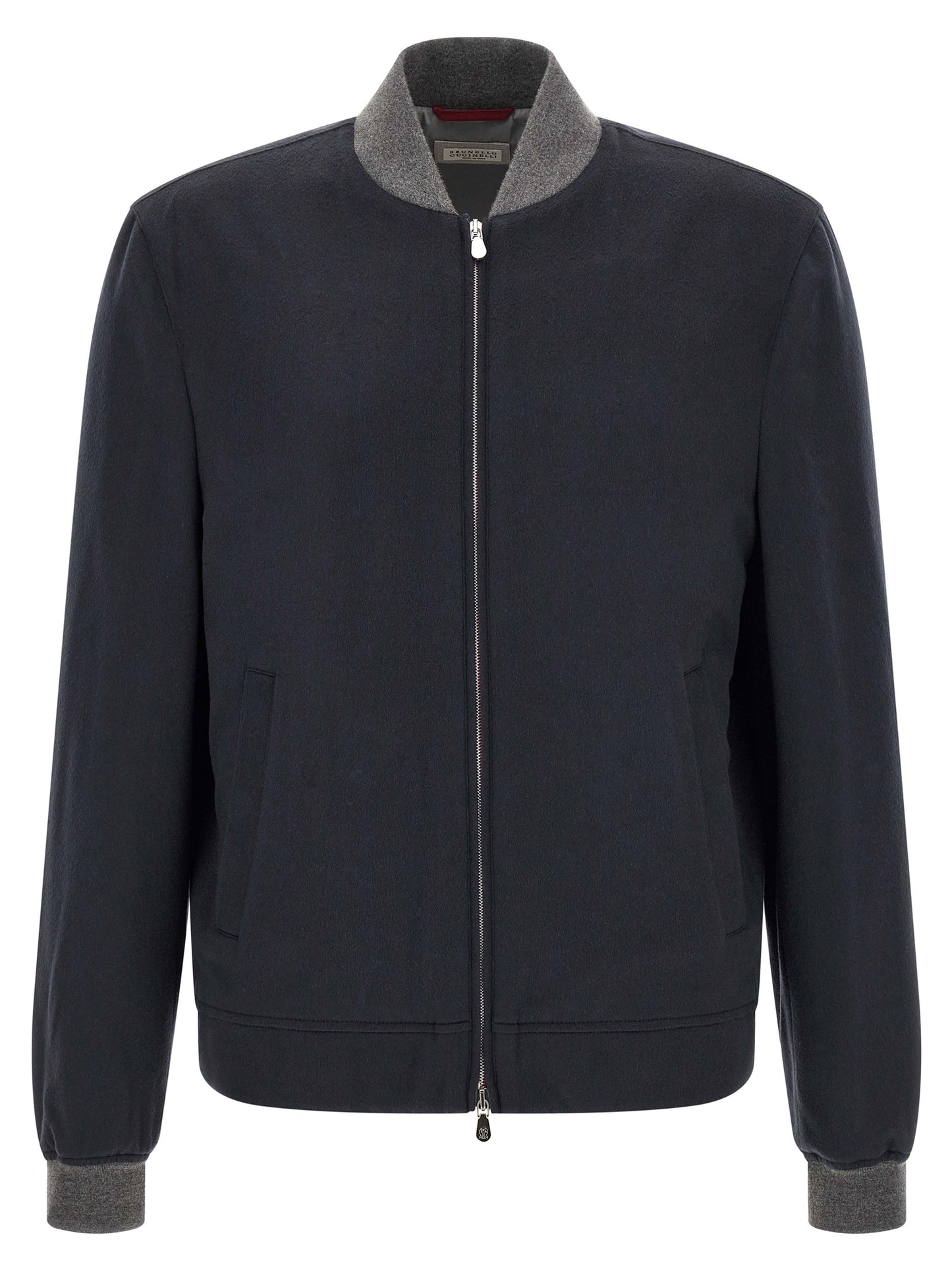 Bomber Jacket by Brunello Cucinelli for men in nylon & cashmere gray, navy & silver features an on trend silhouette, showcasing refined pockets and a sophisticated for a truly on trend finish.