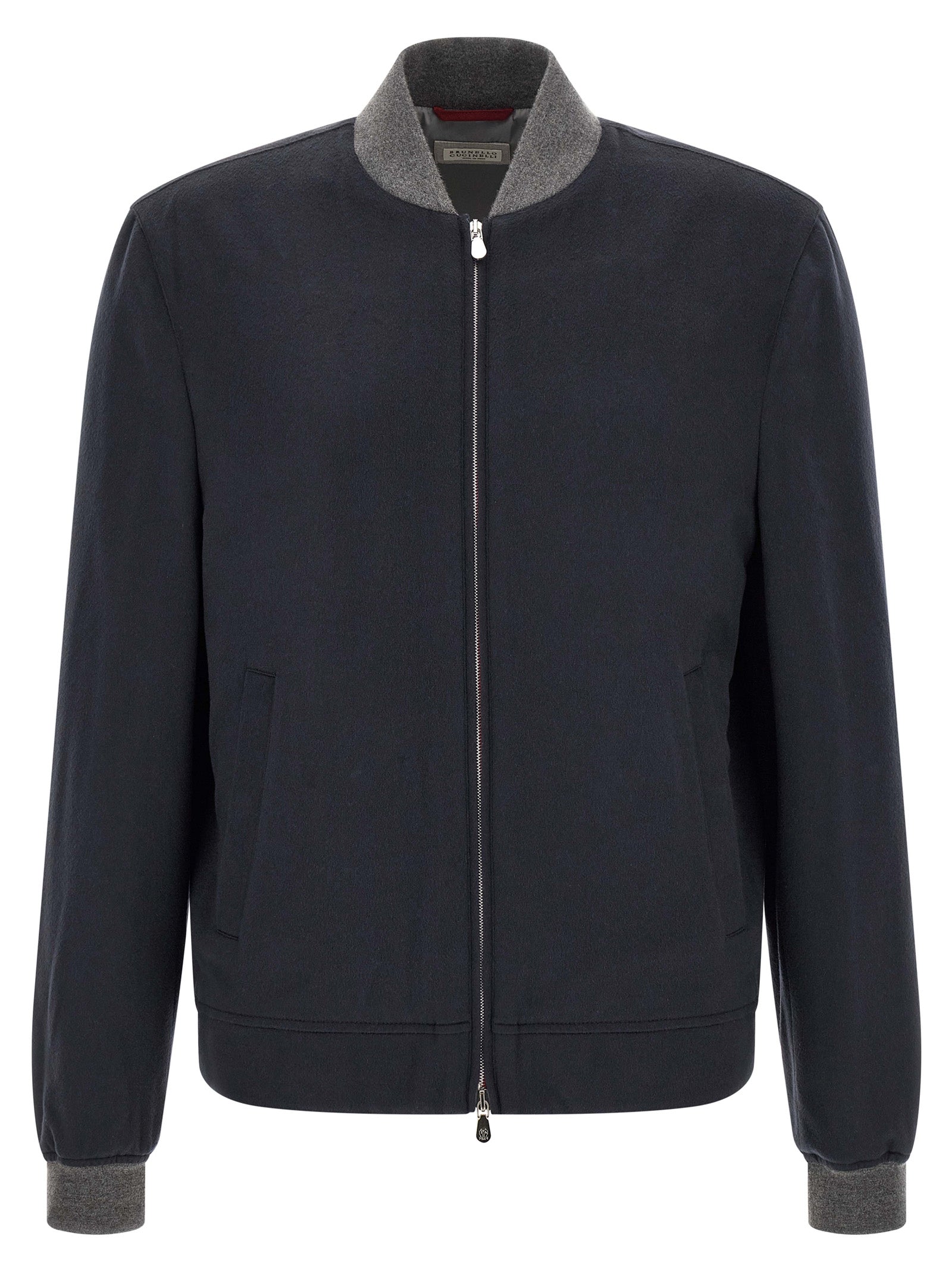 Bomber Jacket by Brunello Cucinelli for men in nylon & cashmere gray, navy & silver features an on trend silhouette, showcasing refined pockets and a sophisticated for a truly on trend finish.