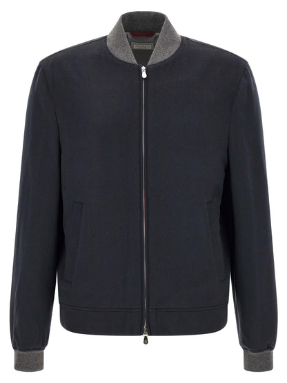 Bomber Jacket by Brunello Cucinelli for men in nylon & cashmere gray, navy & silver features an on trend silhouette, showcasing refined pockets and a sophisticated for a truly on trend finish.