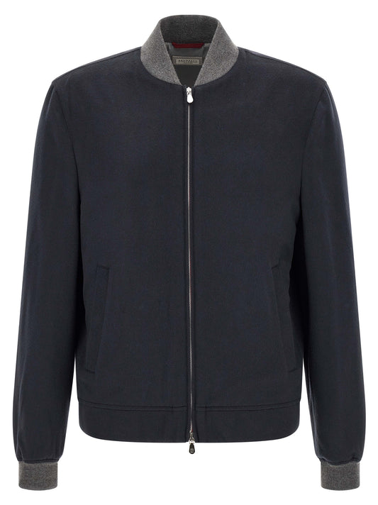 Bomber Jacket by Brunello Cucinelli for men in nylon & cashmere gray, navy & silver features an on trend silhouette, showcasing refined pockets and a sophisticated for a truly on trend finish.