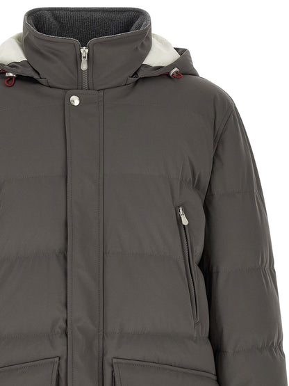 Hooded Parka by Brunello Cucinelli for men in polyamide gray features a modern silhouette, showcasing a sophisticated hooded neckline and premium pockets, hooded & insulated for a truly modern finish.