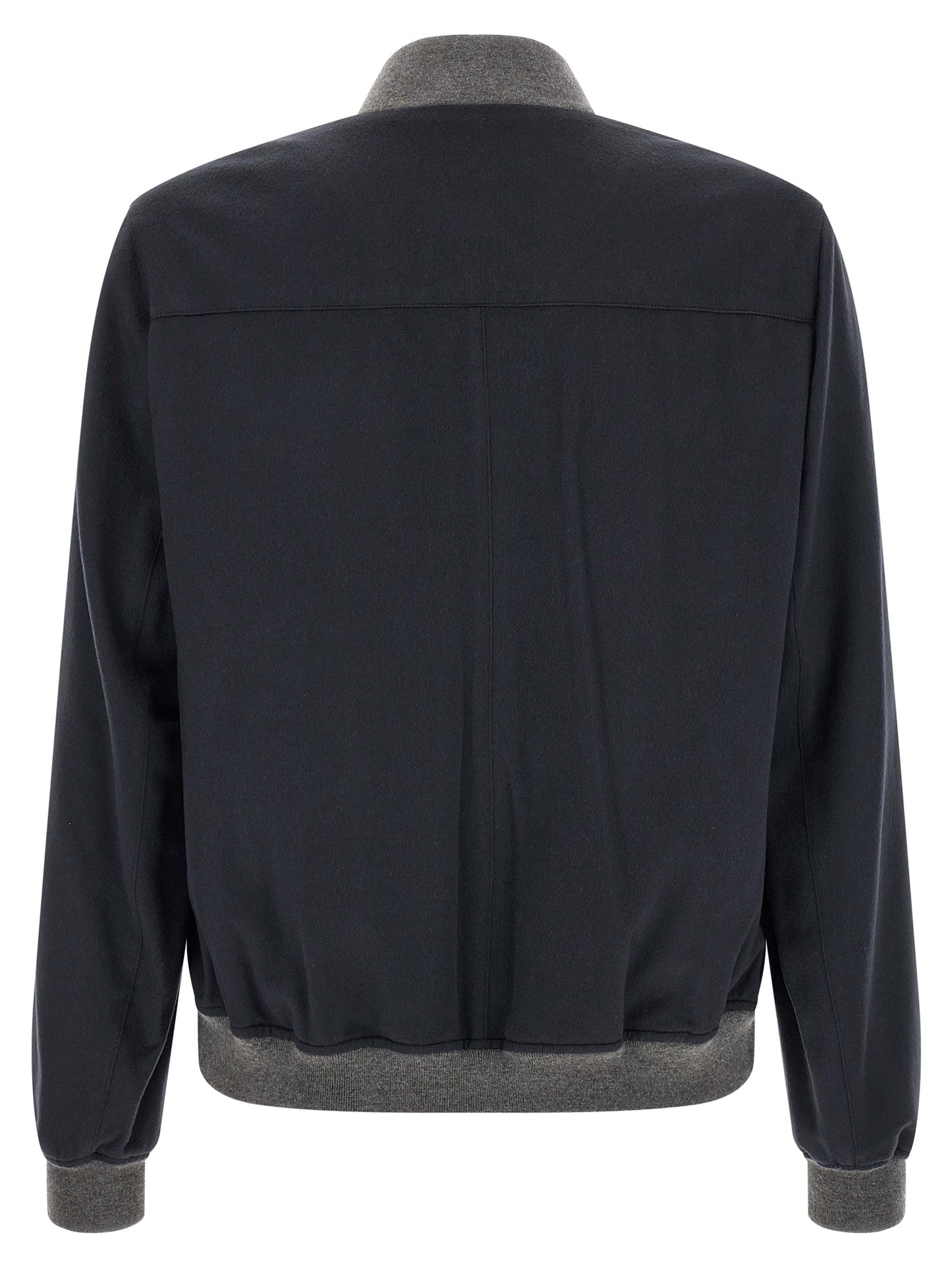 Bomber Jacket by Brunello Cucinelli for men in nylon & cashmere gray, navy & silver features a dramatic silhouette, showcasing a sophisticated and distinctive pockets for a dramatic aesthetic.
