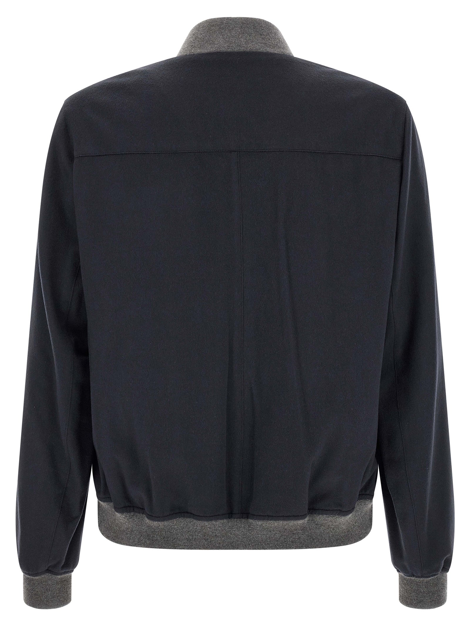 Bomber Jacket by Brunello Cucinelli for men in nylon & cashmere gray, navy & silver features a dramatic silhouette, showcasing a sophisticated and distinctive pockets for a dramatic aesthetic.