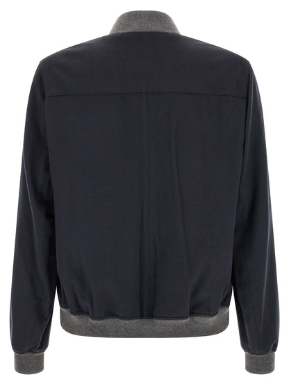 Bomber Jacket by Brunello Cucinelli for men in nylon & cashmere gray, navy & silver features a dramatic silhouette, showcasing a sophisticated and distinctive pockets for a dramatic aesthetic.