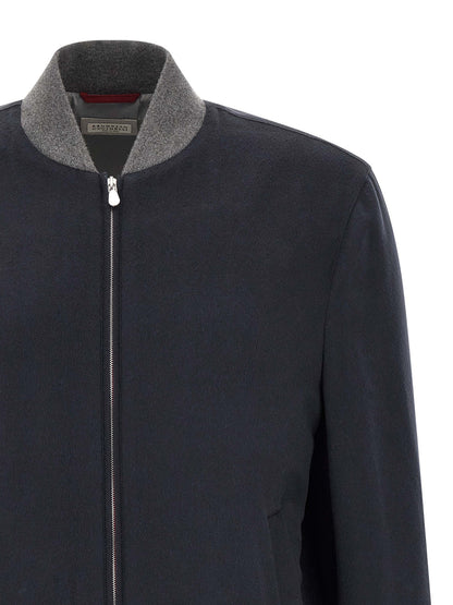 Bomber Jacket by Brunello Cucinelli for men in nylon & cashmere gray, navy & silver features an contemporary silhouette, showcasing a sophisticated and contemporary pockets for a truly refined look.
