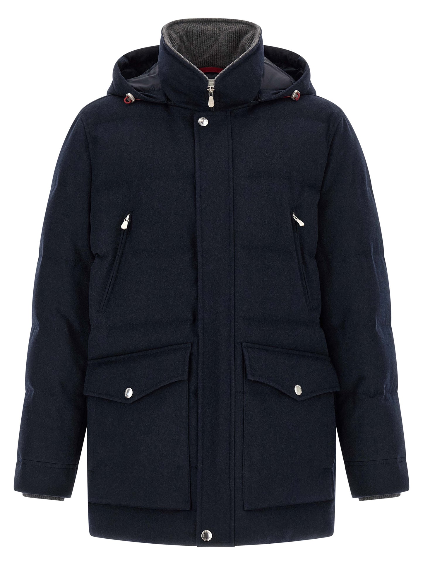 Hooded Parka by Brunello Cucinelli for men in nylon wool flannel navy & silver features a modern silhouette, showcasing a sophisticated hooded high-neck neckline and premium thermal, pockets, hooded & insulated for a truly modern finish.