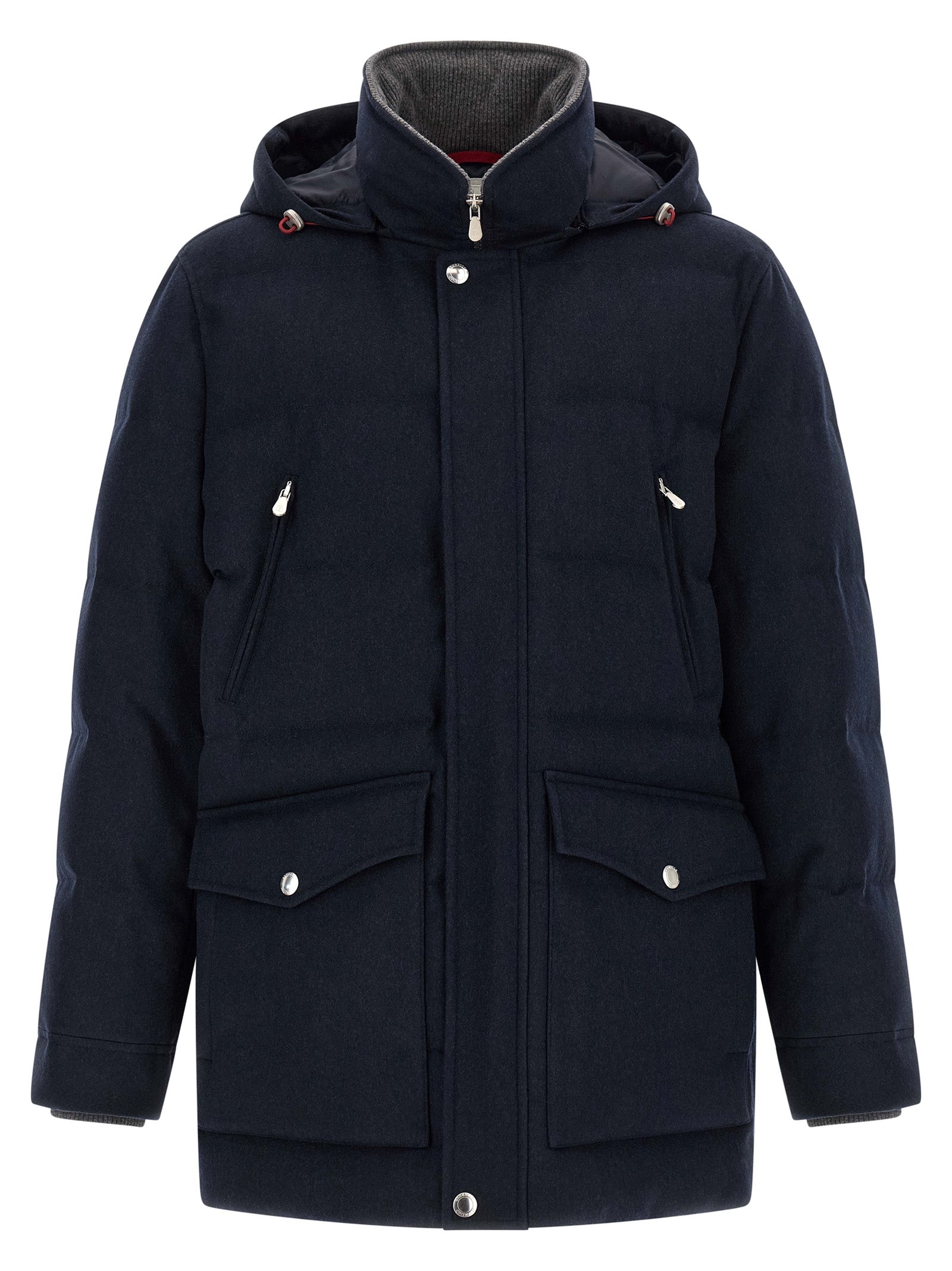 Hooded Parka by Brunello Cucinelli for men in nylon wool flannel navy & silver features a modern silhouette, showcasing a sophisticated hooded high-neck neckline and premium thermal, pockets, hooded & insulated for a truly modern finish.