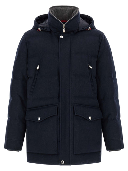 Hooded Parka by Brunello Cucinelli for men in nylon wool flannel navy & silver features a modern silhouette, showcasing a sophisticated hooded high-neck neckline and premium thermal, pockets, hooded & insulated for a truly modern finish.