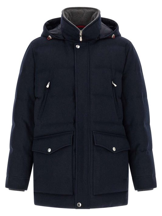 Hooded Parka by Brunello Cucinelli for men in nylon wool flannel navy & silver features a modern silhouette, showcasing a sophisticated hooded high-neck neckline and premium thermal, pockets, hooded & insulated for a truly modern finish.