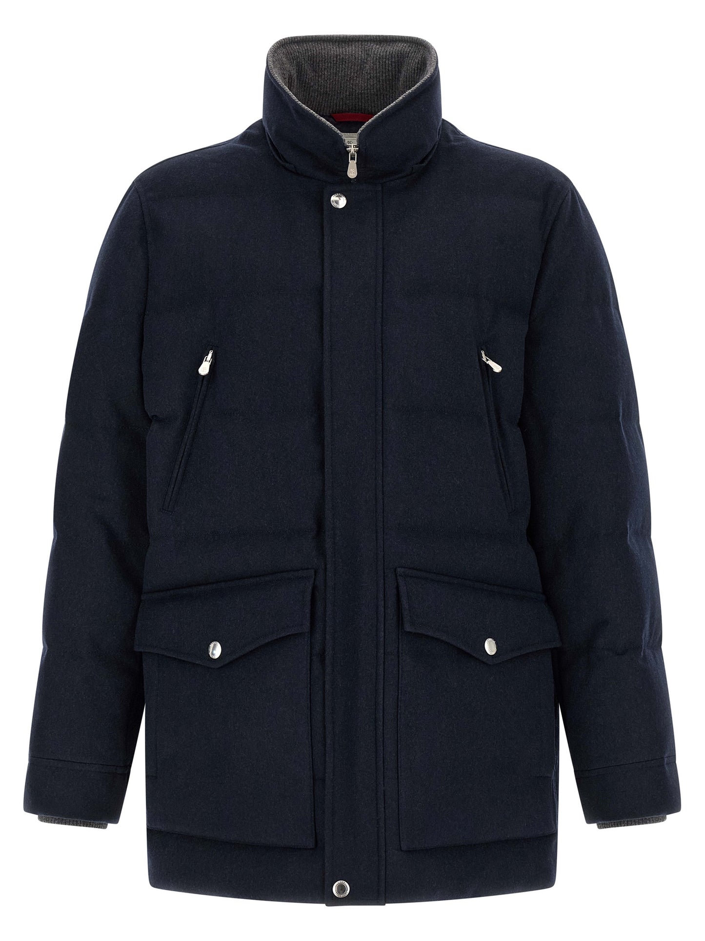 This Hooded Parka by Brunello Cucinelli for men in nylon wool flannel navy & silver presents a utilitarian silhouette, meticulously detailed with thermal, pockets, hooded & insulated and a utilitarian hooded high-neck neckline for a sophisticated, weather-ready look.
