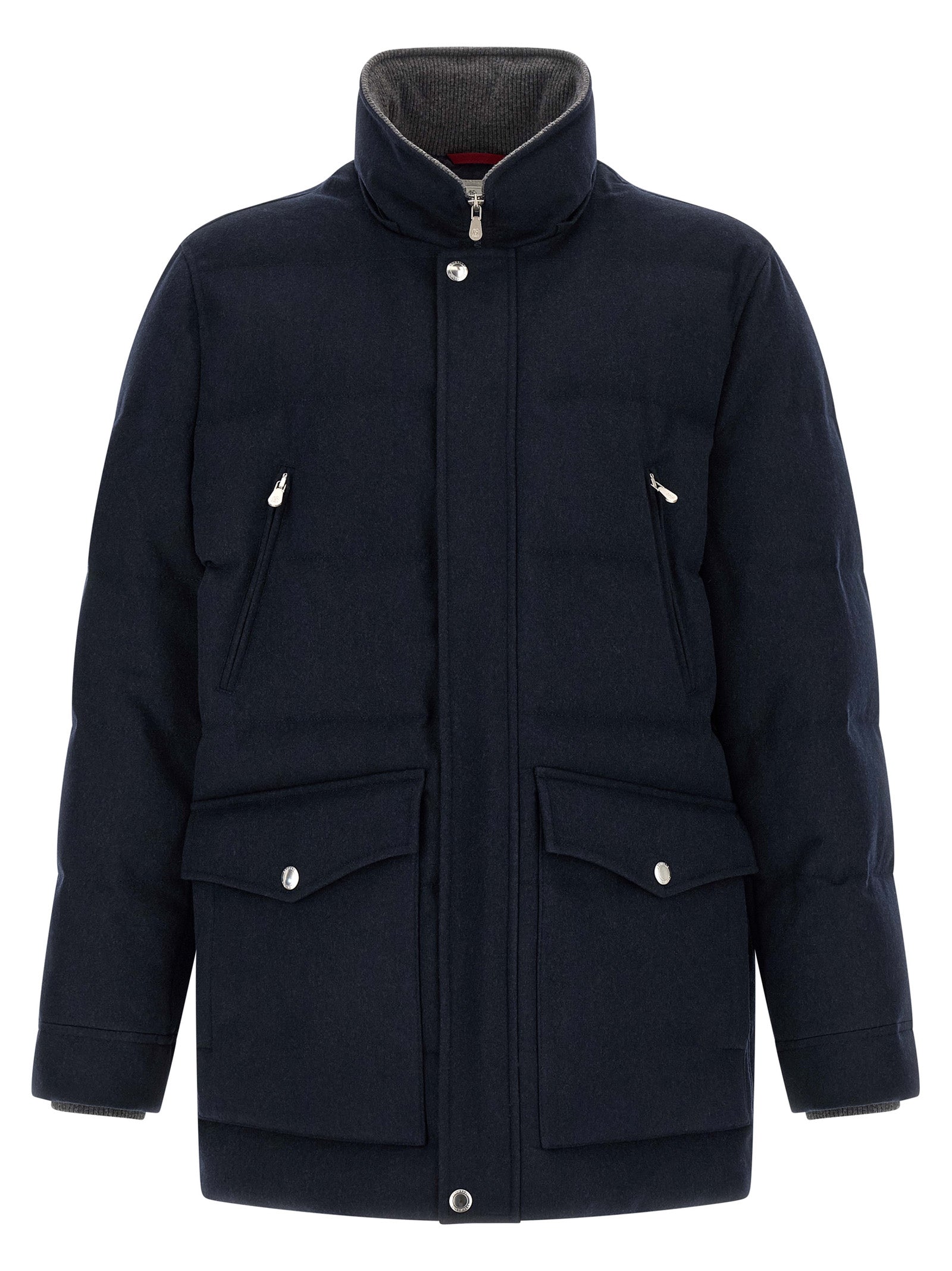 This Hooded Parka by Brunello Cucinelli for men in nylon wool flannel navy & silver presents a utilitarian silhouette, meticulously detailed with thermal, pockets, hooded & insulated and a utilitarian hooded high-neck neckline for a sophisticated, weather-ready look.