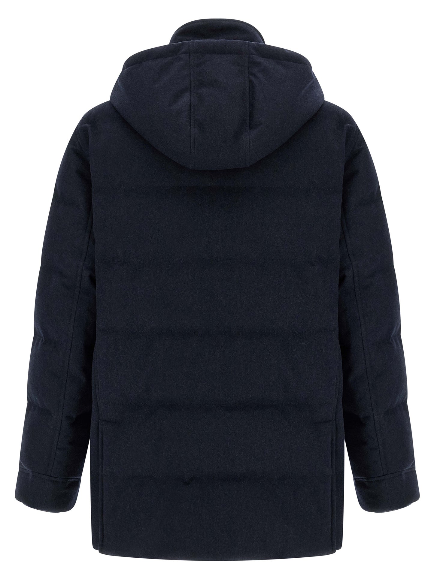 Hooded Parka by Brunello Cucinelli for men in nylon wool flannel navy & silver features a stylish silhouette, meticulously detailed with a sophisticated hooded high-neck neckline and functional thermal, pockets, hooded & insulated for a stylish finish.