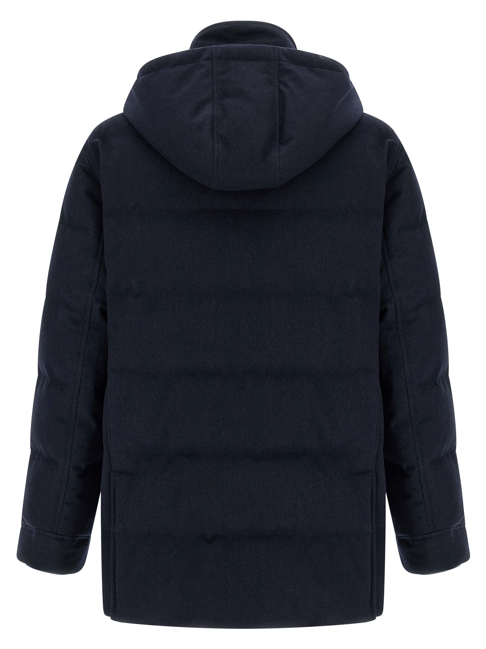 Hooded Parka by Brunello Cucinelli for men in nylon wool flannel navy & silver features a stylish silhouette, meticulously detailed with a sophisticated hooded high-neck neckline and functional thermal, pockets, hooded & insulated for a stylish finish.