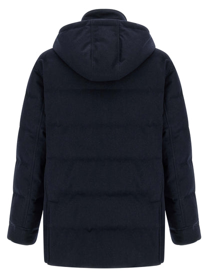 Hooded Parka by Brunello Cucinelli for men in nylon wool flannel navy & silver features a stylish silhouette, meticulously detailed with a sophisticated hooded high-neck neckline and functional thermal, pockets, hooded & insulated for a stylish finish.