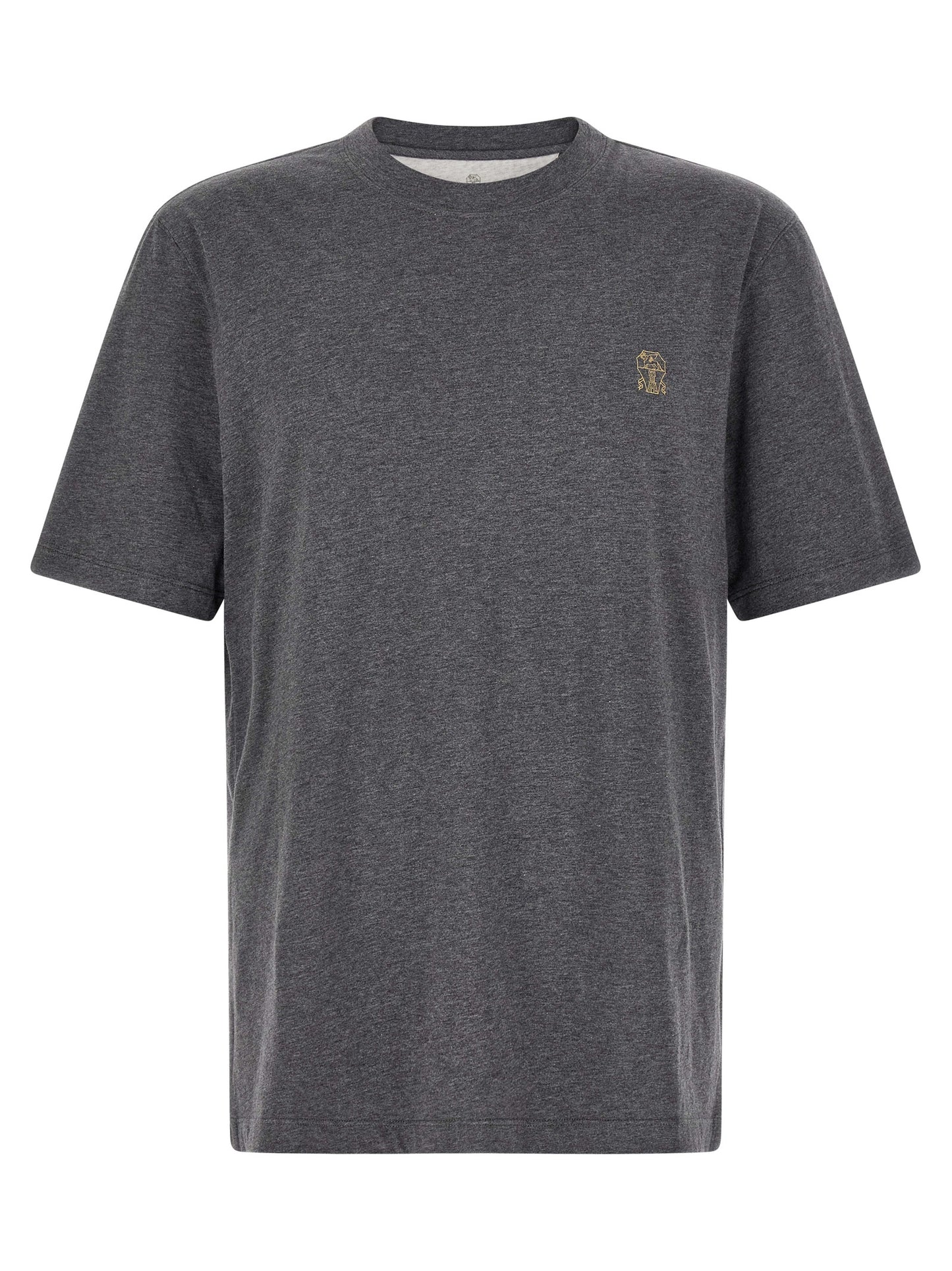 T-Shirt by Brunello Cucinelli for men in cotton gray showcases a dramatic silhouette, elegantly detailed with a dramatic crew neckline and short-sleeve for a truly dramatic finish.