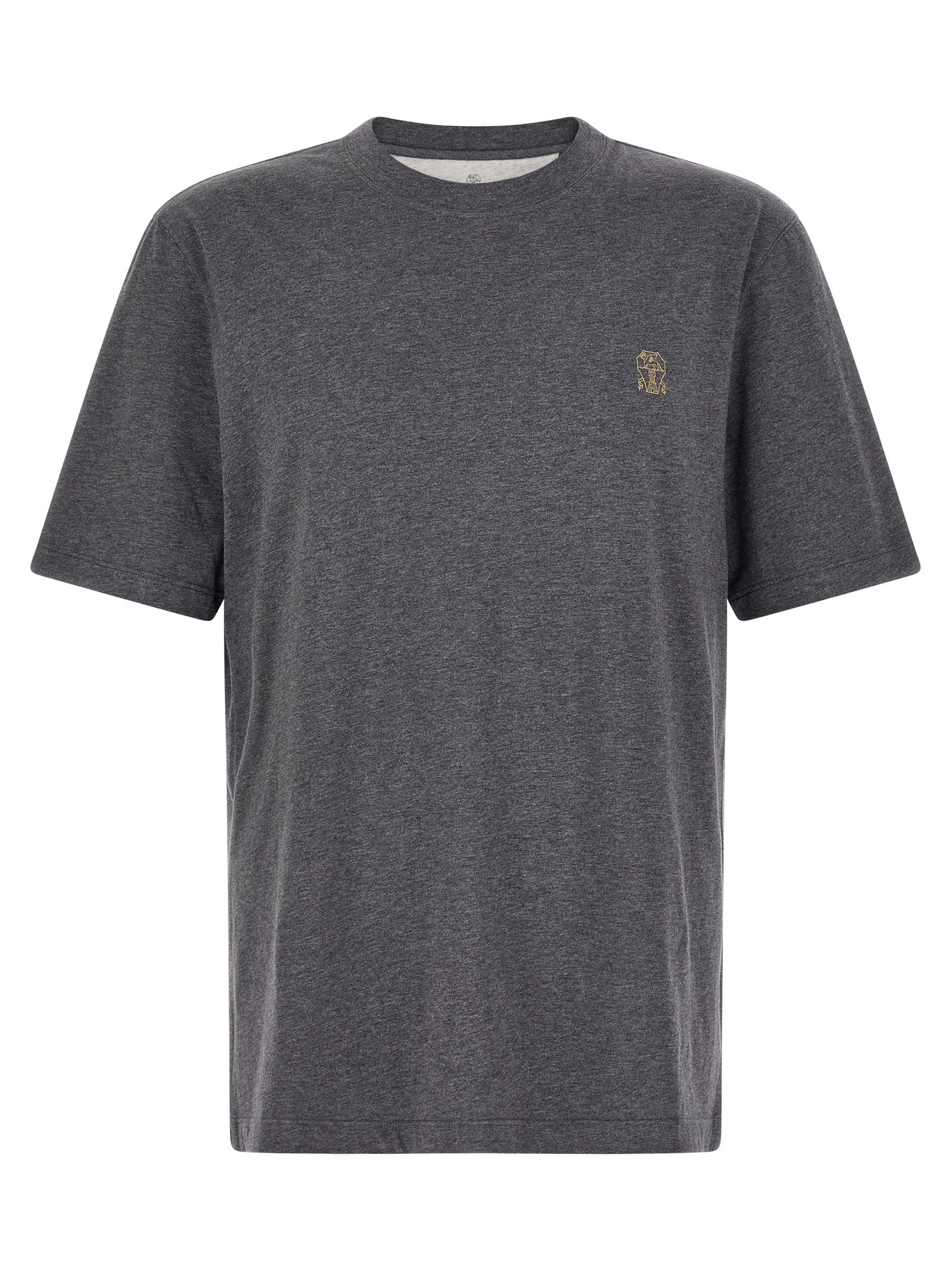 T-Shirt by Brunello Cucinelli for men in cotton gray showcases a dramatic silhouette, elegantly detailed with a dramatic crew neckline and short-sleeve for a truly dramatic finish.