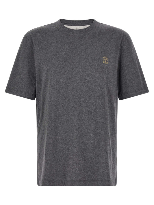 T-Shirt by Brunello Cucinelli for men in cotton gray showcases a dramatic silhouette, elegantly detailed with a dramatic crew neckline and short-sleeve for a truly dramatic finish.