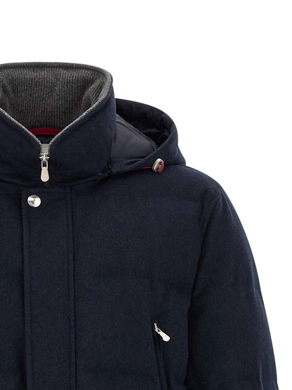Hooded Parka by Brunello Cucinelli for men in nylon wool flannel navy & silver features an avant garde silhouette, showcasing refined thermal, pockets, hooded & insulated and a sophisticated hooded high-neck neckline for a polished look.