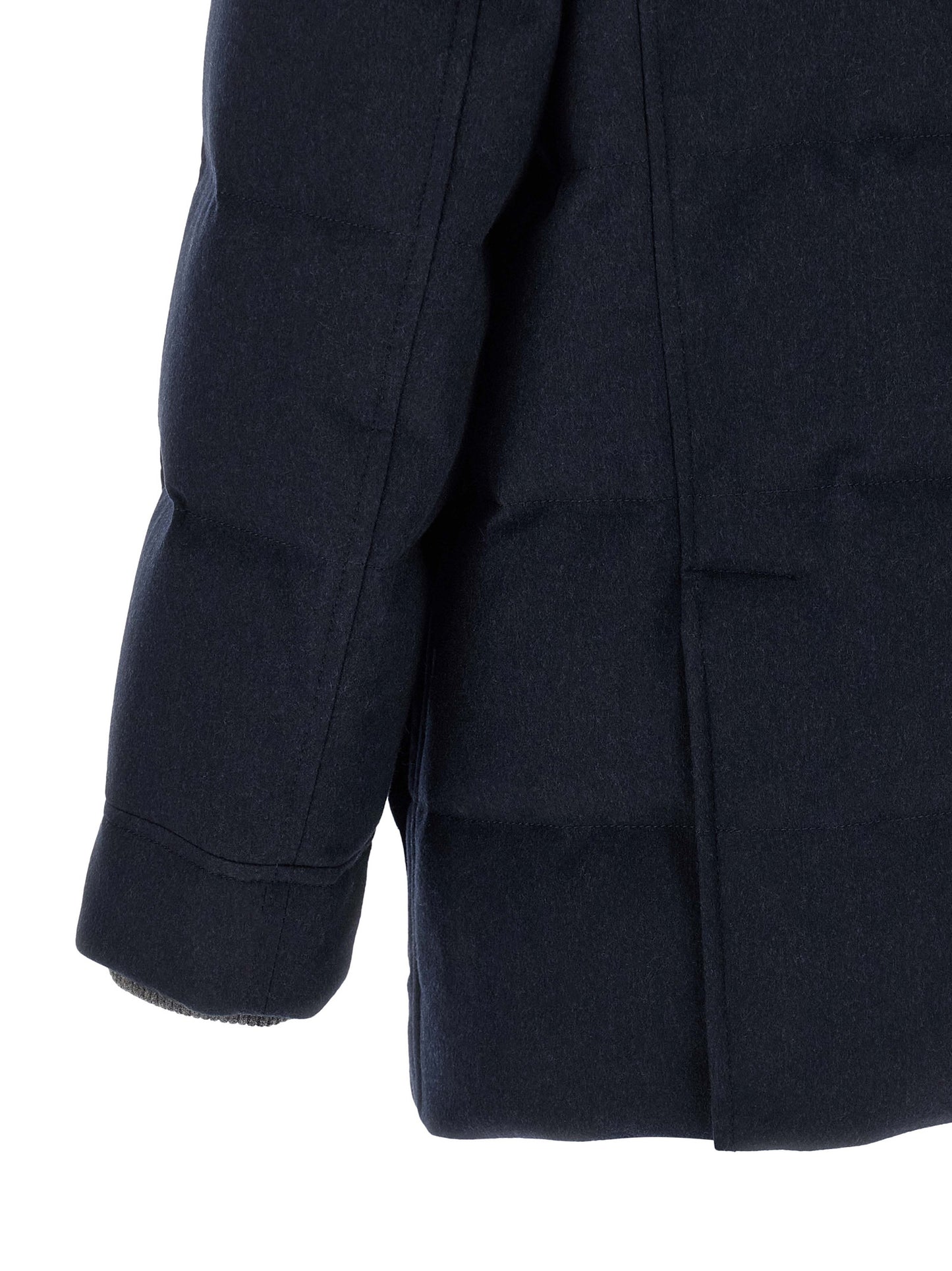 Hooded Parka by Brunello Cucinelli for men in nylon wool flannel navy & silver presents a decadent silhouette, showcasing the decadent and functional thermal, pockets, hooded & insulated for a premium, weather-ready look.
