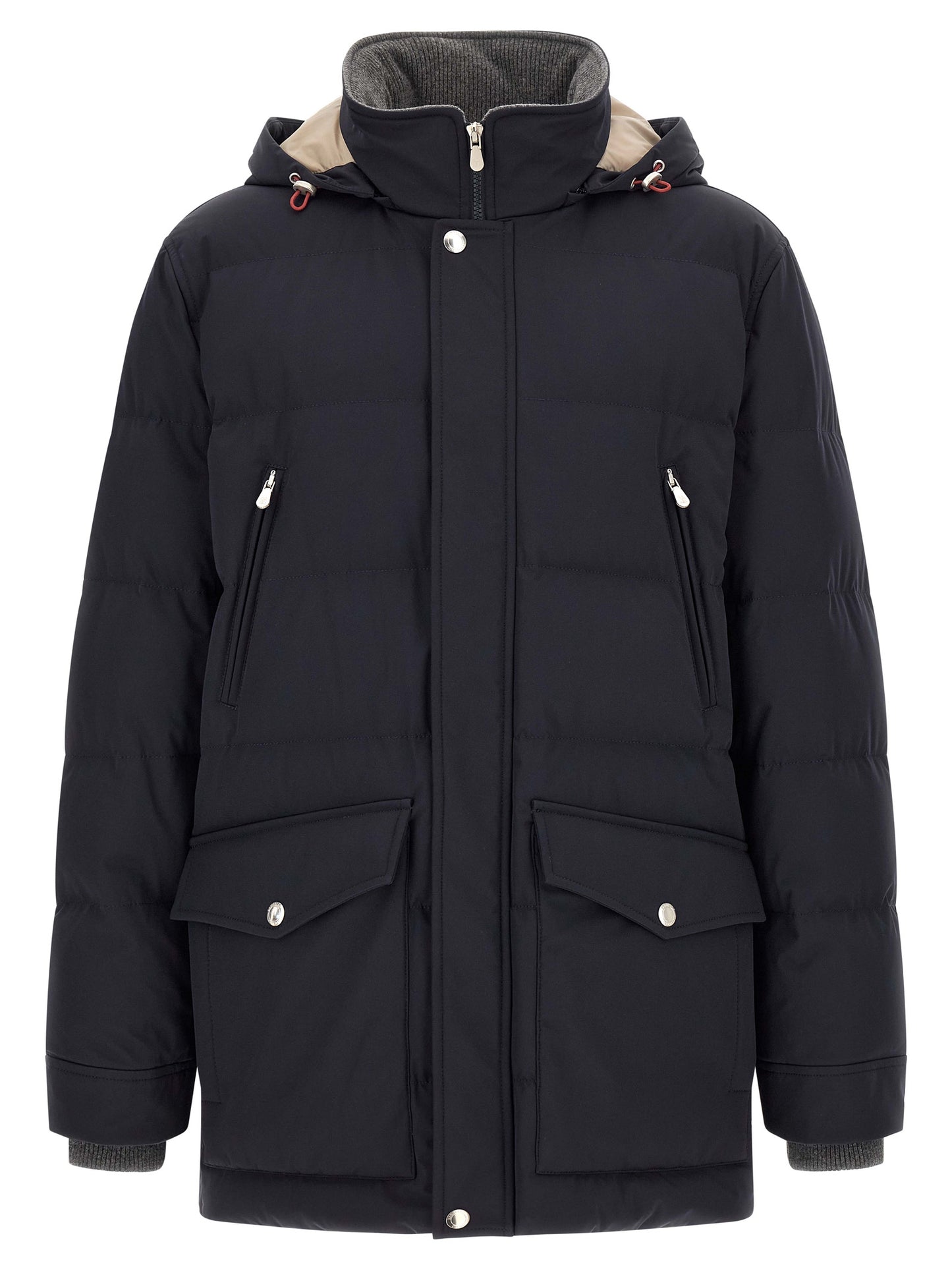 Hooded Parka by Brunello Cucinelli for men in polyamide & goose-down dark-blue & silver presents a decadent silhouette, showcasing the decadent hooded high-neck neckline and functional pockets, hooded & insulated for a premium, weather-ready look.