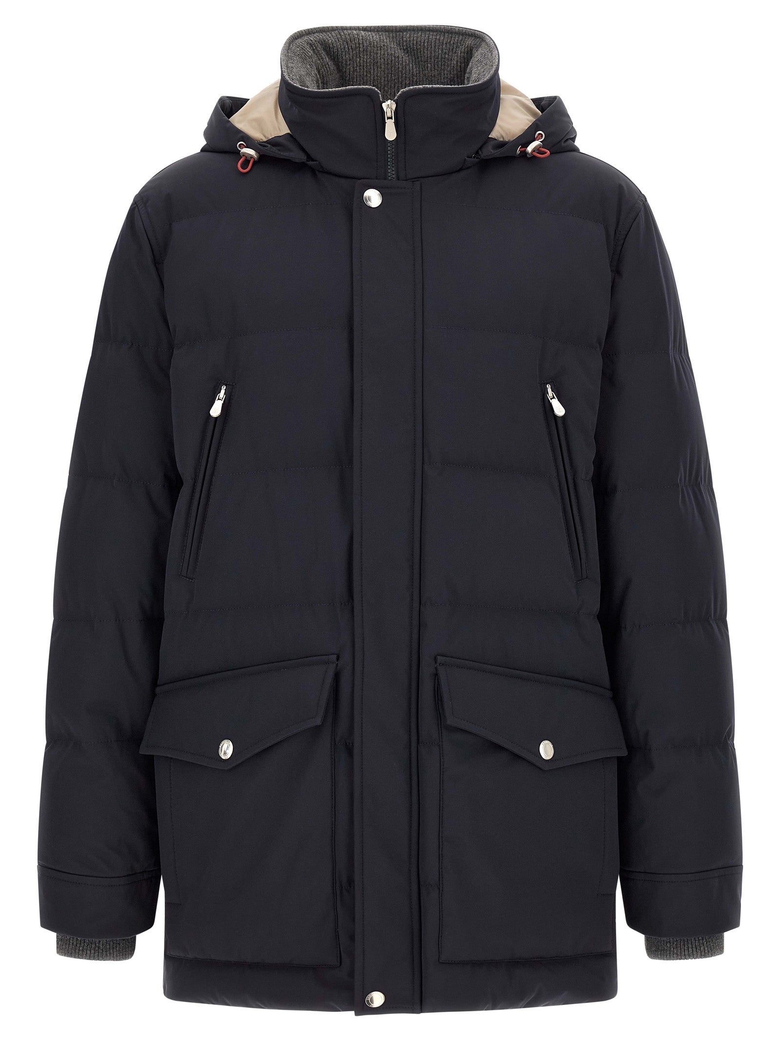 Hooded Parka by Brunello Cucinelli for men in polyamide & goose-down dark-blue & silver presents a decadent silhouette, showcasing the decadent hooded high-neck neckline and functional pockets, hooded & insulated for a premium, weather-ready look.