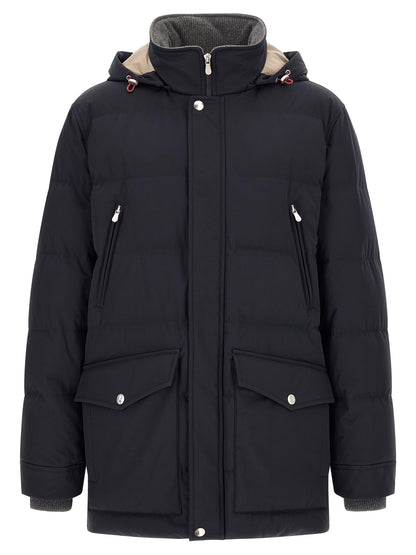 Hooded Parka by Brunello Cucinelli for men in polyamide & goose-down dark-blue & silver presents a decadent silhouette, showcasing the decadent hooded high-neck neckline and functional pockets, hooded & insulated for a premium, weather-ready look.