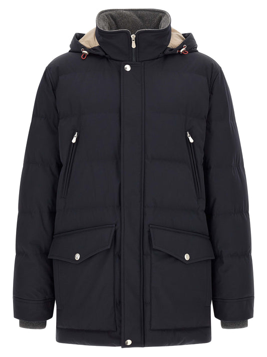 Hooded Parka by Brunello Cucinelli for men in polyamide & goose-down dark-blue & silver presents a decadent silhouette, showcasing the decadent hooded high-neck neckline and functional pockets, hooded & insulated for a premium, weather-ready look.