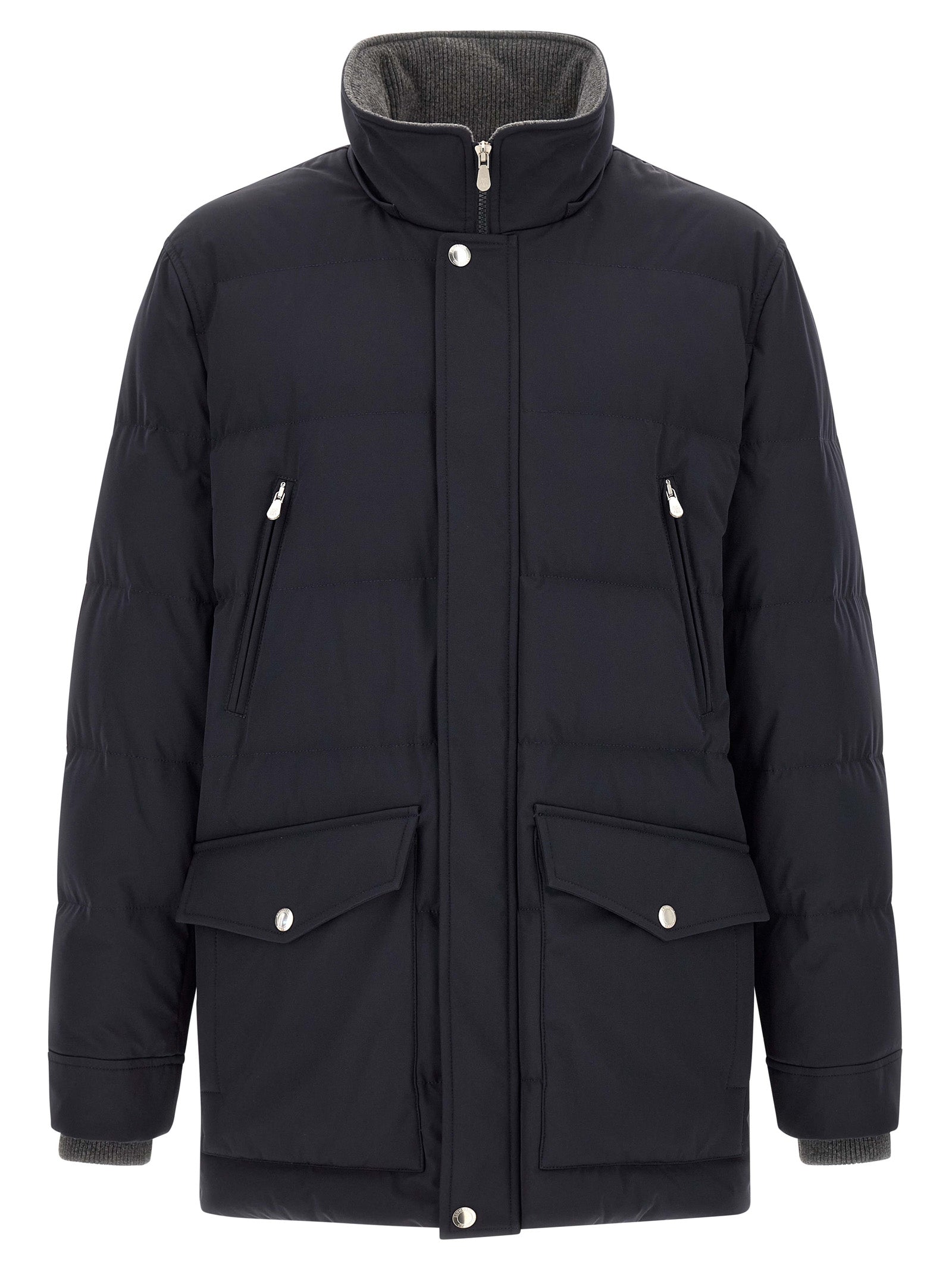 This Hooded Parka by Brunello Cucinelli for men in polyamide & goose-down dark-blue & silver presents a utilitarian silhouette, meticulously detailed with pockets, hooded & insulated and a utilitarian hooded high-neck neckline for a sophisticated, weather-ready look.